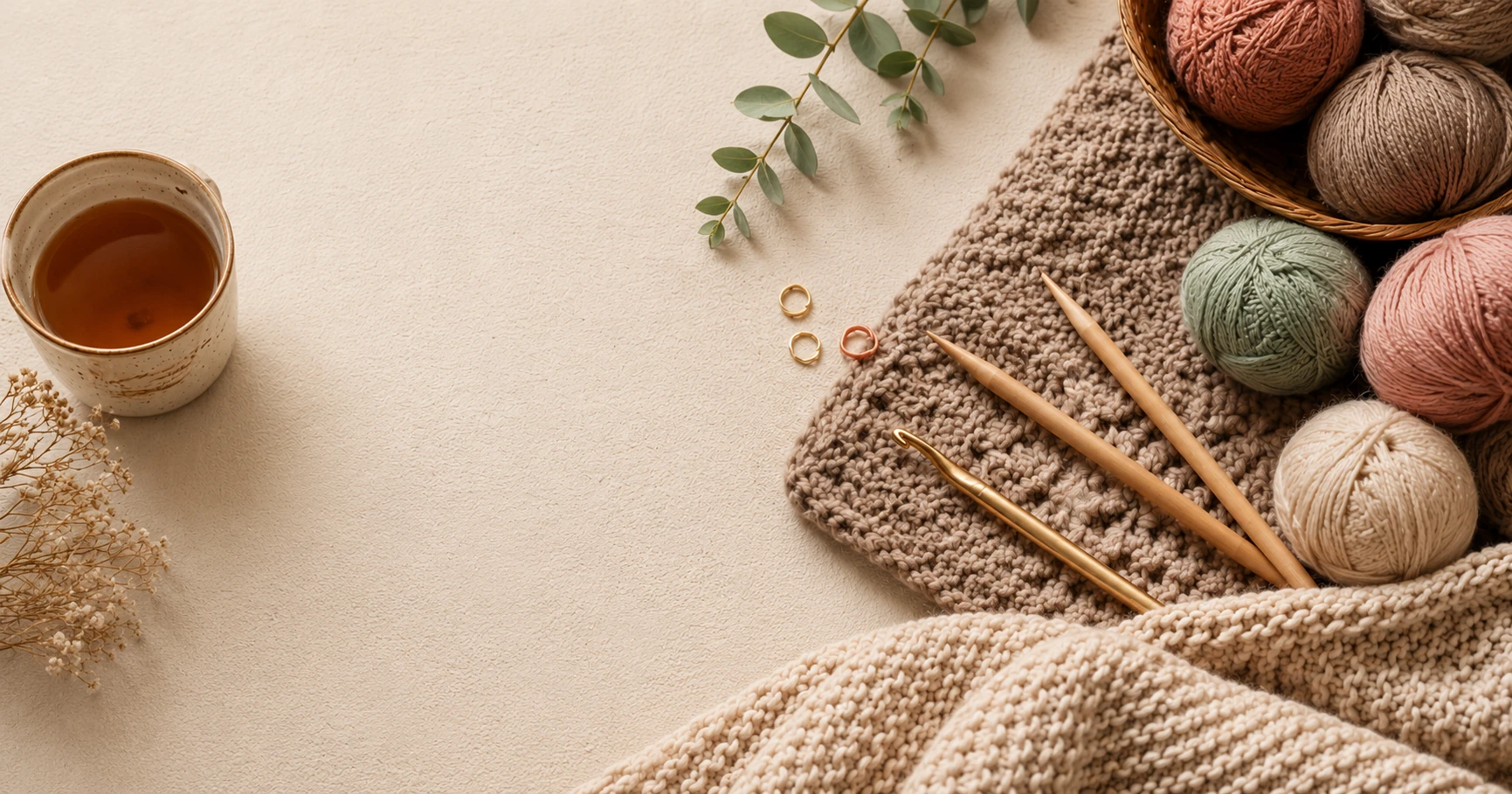 Knitting needles, crochet hooks, and yarn balls arranged on a cream background